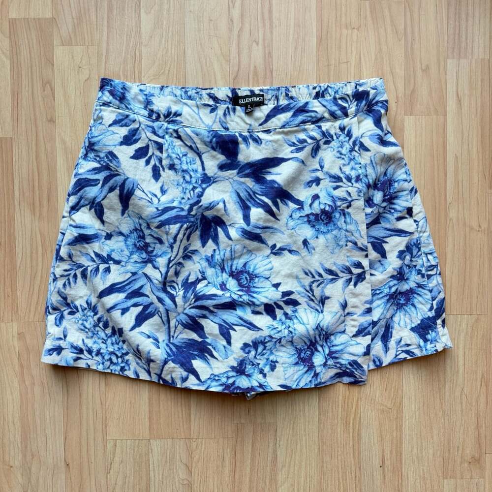 Blue Floral Print Skort Linen Blend Size Large Ellen Tracy